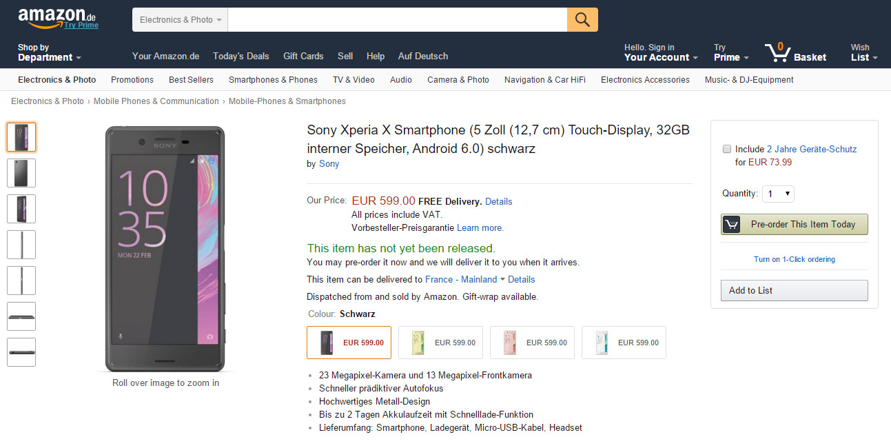 Sony Xperia X precommande Amazon