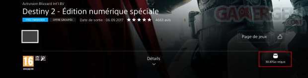 Destiny 2 poids jeu PS4 PlayStation Store