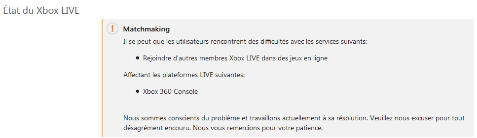 Etat Xbox LIVE matchmaking jeu en ligne perturbee screenshot capture image