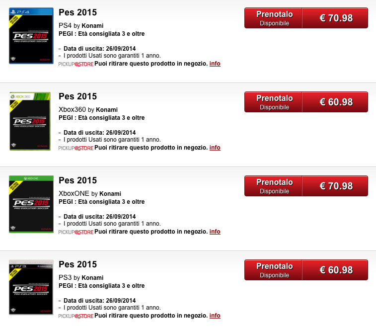 PES 2015 gamestop italy