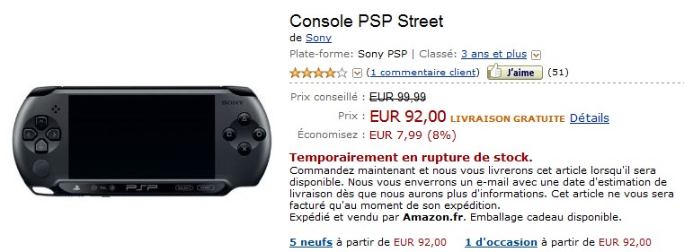 psp street rupture de stock amazon